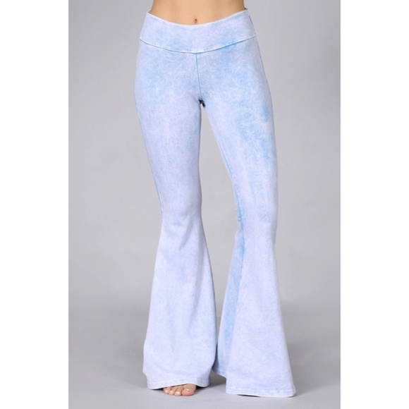 Powder Blue Mineral Wash French Terry Flared Bell Bottom Pull On Pants Pockets - Picture 2 of 5